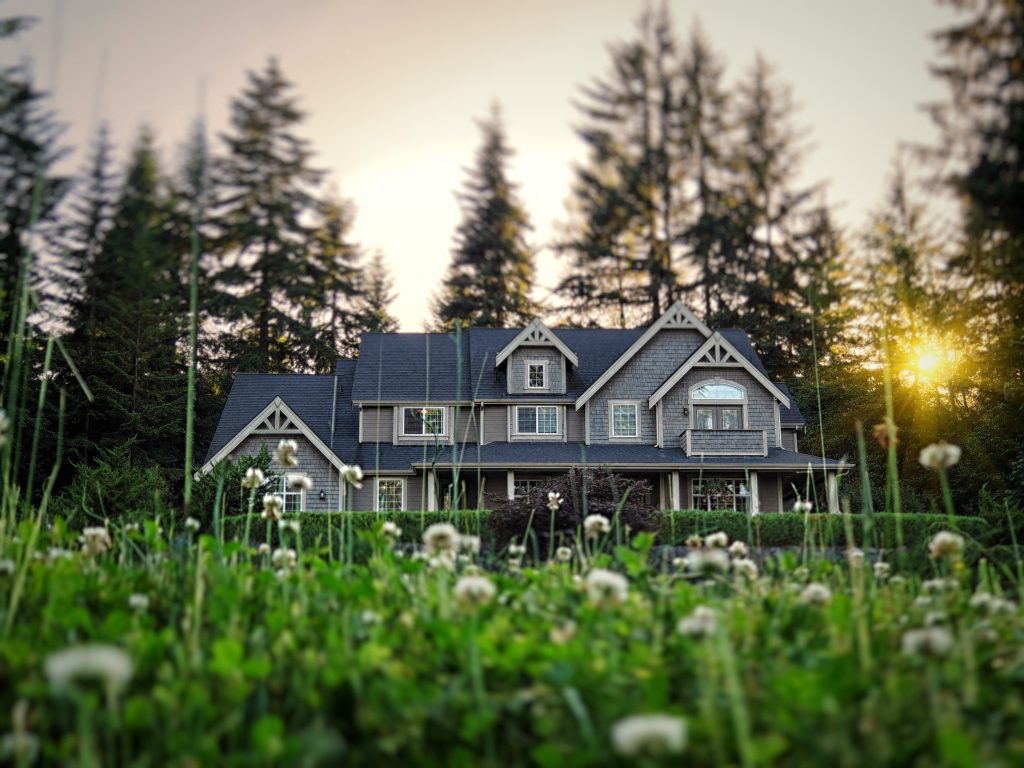 Photo of a modern style American luxury home, photographed at a low angle with tilt-shift effect.