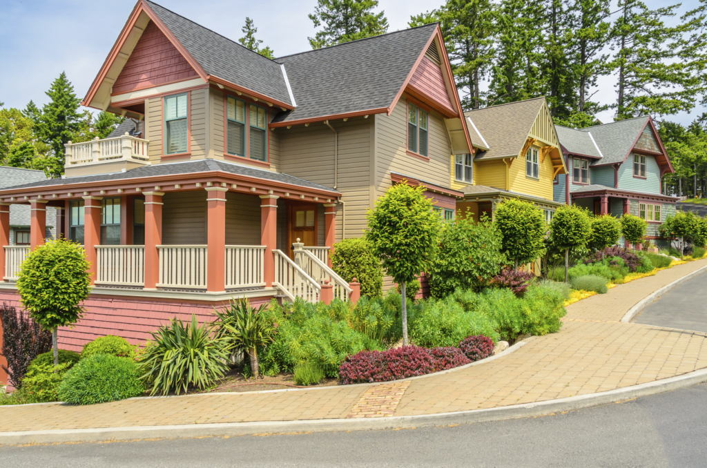 A perfect neighborhood. Houses in suburb at Spring in the north America.