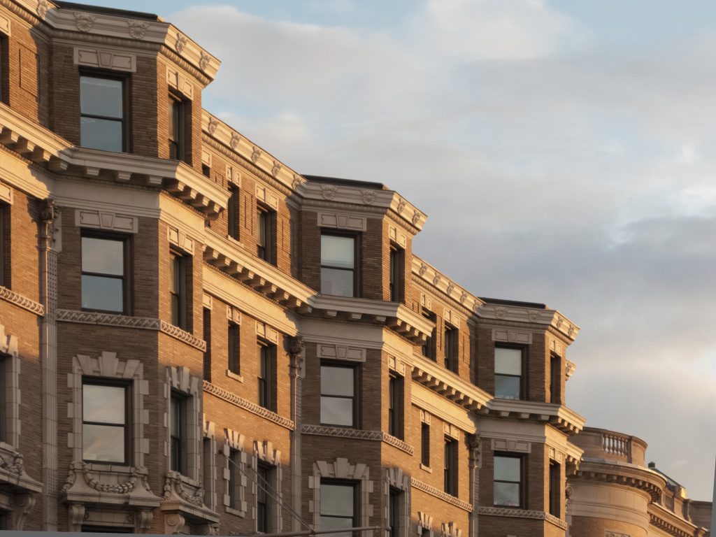 Detail view of Boston's famous brownstone architecture [artefacting at full size]