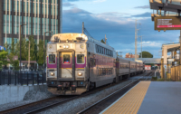 MBTA train pulls into a station